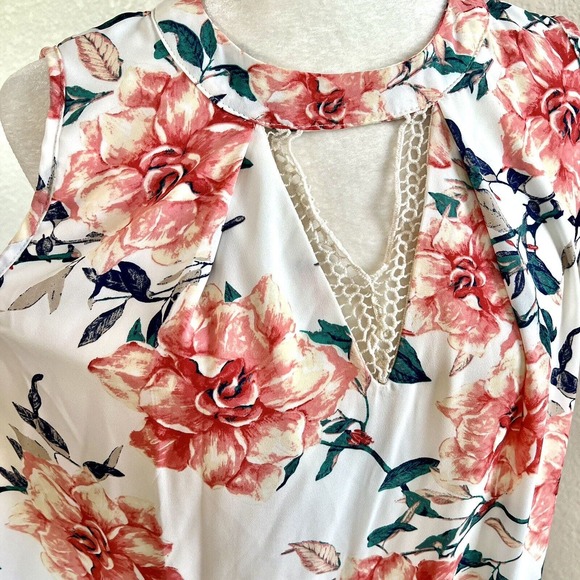 Peach Love Size Medium Pink Green Floral Ruffle Front Sun Dress Keyhole V Neck - Picture 11 of 13